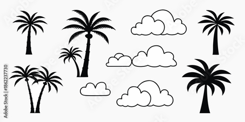 Black and white illustration of tropical palm trees and fluffy clouds