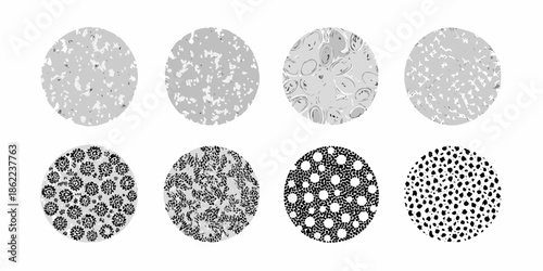 Variations in circular patterns grayscale and textured designs displayed