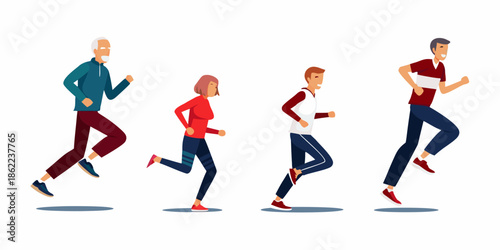 Four people of different ages are running or jogging in a row