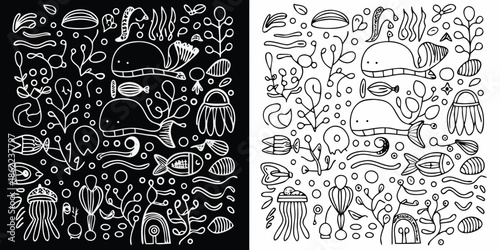 Charming doodle illustration of marine life including jellyfish and various fish