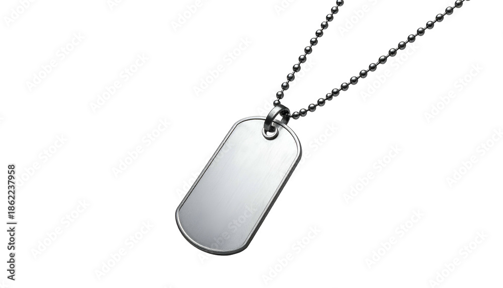 Fototapeta premium Polished metal dog tag on chain, angled against black background, gleaming