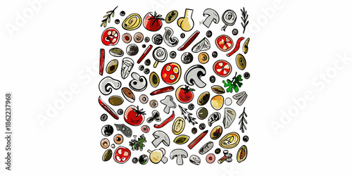 A colorful assortment of hand drawn pizza toppings including mushrooms and tomatoes