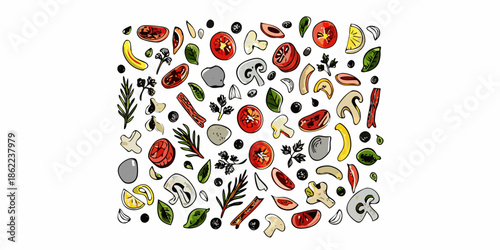 Colorful and fresh ingredients a vibrant pattern of tomatoes herbs and vegetables