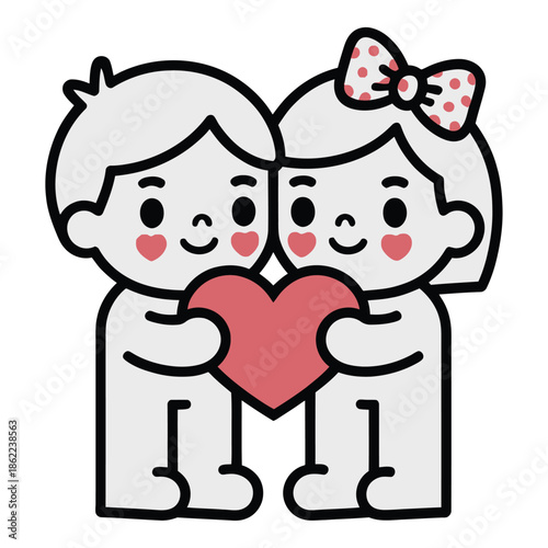 A minimal romantic illustration design. In which two simple cartoon characters stand together and hold a red heart between them. For t-shirts, stickers and Valentine gifts.