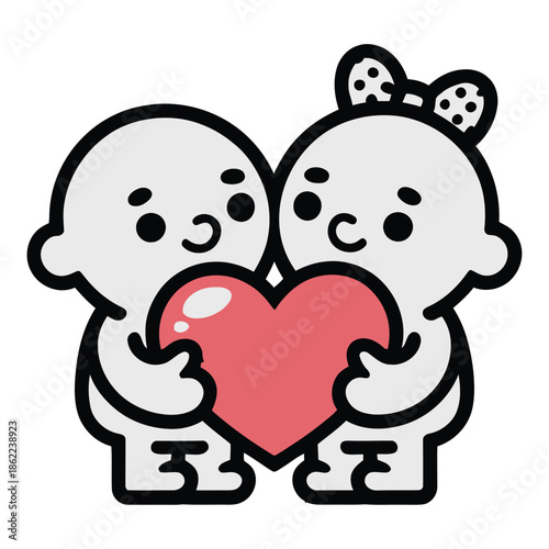 A minimal romantic illustration design. In which two simple cartoon characters stand together and hold a red heart between them. For t-shirts, stickers and Valentine gifts.