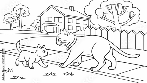 Cat Helping Elderly Cat Cross the Street Kindness Illustration