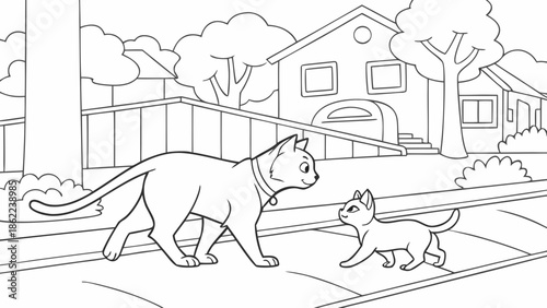 Cat Helping Elderly Cat Cross the Street Kindness Illustration