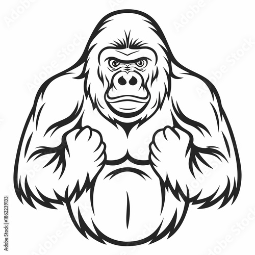 A powerful gorilla head and chest illustration shows clenched fists ready for a fight or display of strength.