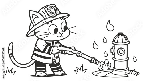 Cartoon Cat Dressed as Firefighter Line Art Illustration