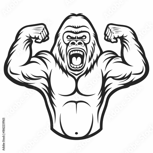 Muscular gorilla flexing both biceps powerfully shows an angry expression and strong physique outline.