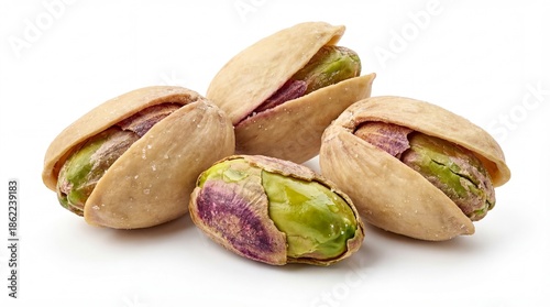 Close-up macro shot of four roasted and salted pistachios, with shells cracked open, displaying the vibrant green kernel. Isolated on a pure white background.