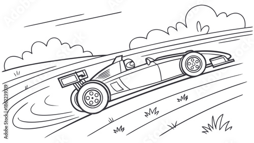 Race Car Speeding Along Track Line Art Illustration