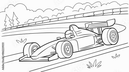Race Car Speeding Along Track Line Art Illustration