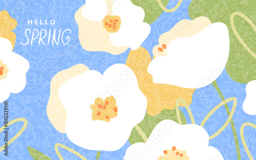 hello spring texture banner horizontal, spring  season cover with white flowers, hand drawn creative modern vector illustration 