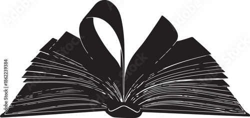 Silhouette of an open book with pages fanned out and a curved element resembling a ribbon or bookmark on a white background