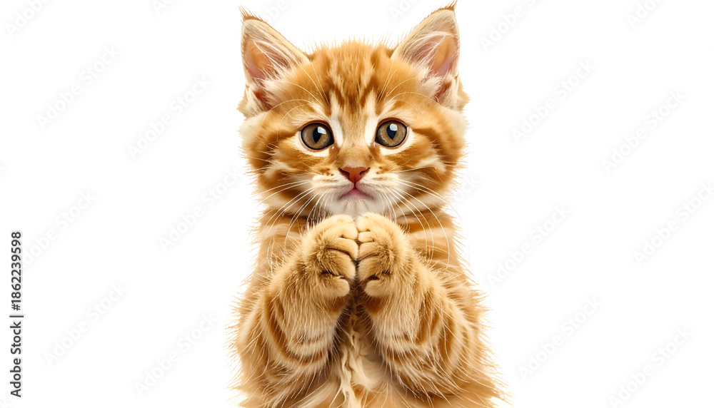 Fototapeta premium An orange tabby kitten, front-facing, with paws clasped in front and begging
