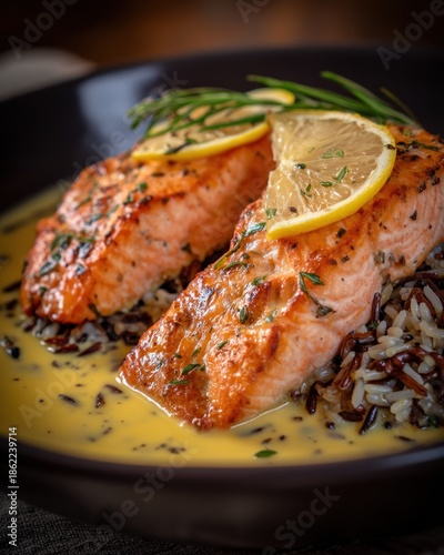 Grilled salmon fillets with lemon, herbs, and sauce over wild rice in a dark bowl