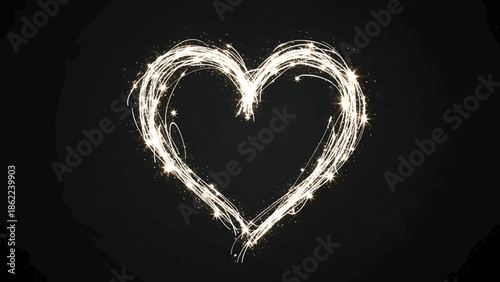 A heart shape formed by glowing, light trails with sparkling effects against a textured, black background. Festive and romantic