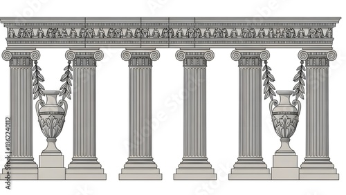 Classical Greek Roman Colonnade With Vases And Frieze Illustration architecture