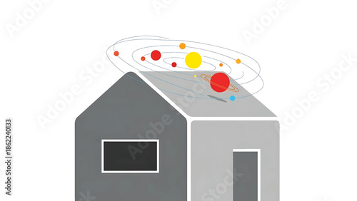A house illustration with a solar system above. The house has a window and a door and is colored in shades of gray. The solar system orbits above