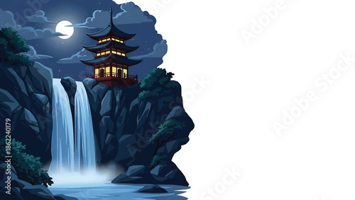 A Japanese-inspired scene of a pagoda perched atop a cliff with a cascading waterfall under a moonlit night sky. The rocks have dark tones