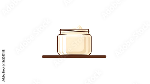 A jar filled with cream sits on a shelf. The style is a minimalist cartoon with a simple color palette of beige and brown