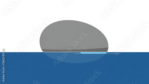 A large, grey, oval shape appears to hover just above rippling blue water, creating an ethereal, minimalist scene with a white backdrop