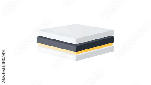A layered illustration depicts a stack of four textured, colored blocks white, dark gray, yellow, and a darker shade of gray, all on a white background