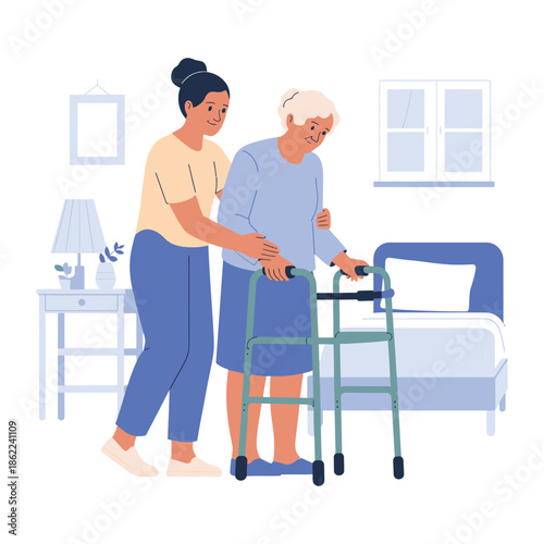 Young nurse helps senior woman use a walking frame.