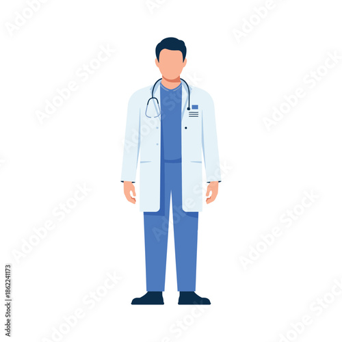 Male physician in white coat stands ready with stethoscope.