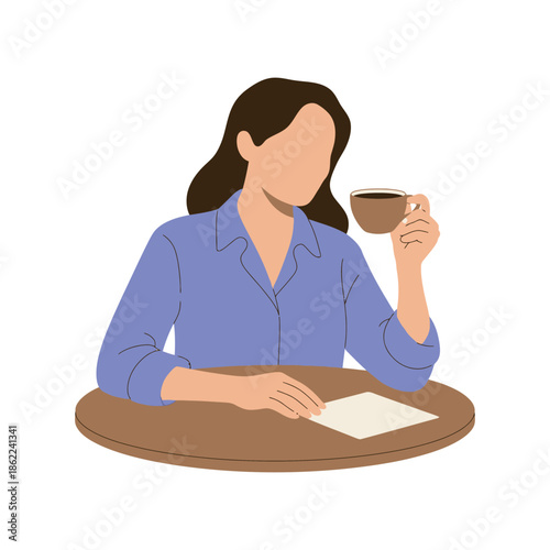 Woman sips coffee while reviewing paperwork at a round table.