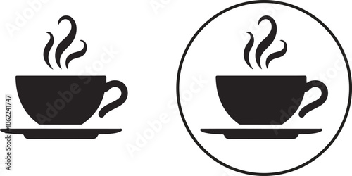 Black coffee cup icon with steaming hot beverage on white background.