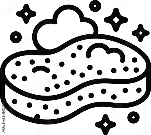 Black and White Cleaning Sponge Vector with Bubbles and Sparkles for Hygiene, Sanitation, and Housekeeping-Themed Line Art.