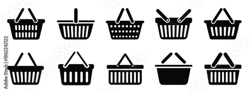 Shopping basket icon set for market and supermarket purchases, vector