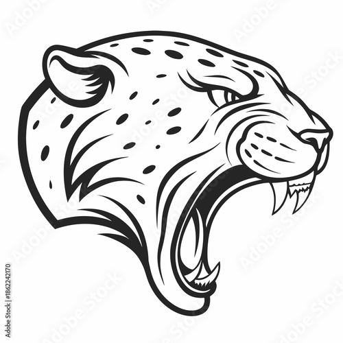 Fierce jaguar head roars aggressively showing sharp teeth and spotted fur texture in a profile view.