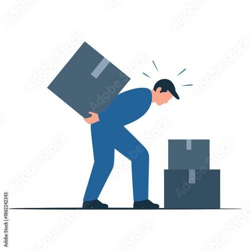 Worker strains lifting heavy cardboard box with bad posture.