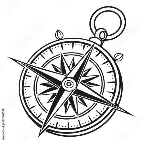 A classic navigational compass featuring a prominent four-point star design and detailed markings is isolated on a white background.