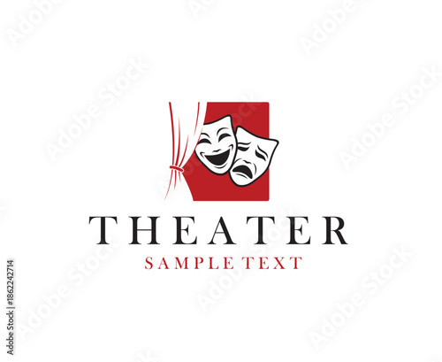 icon of comedy and tragedy theatrical masks with curtains isolated on white background