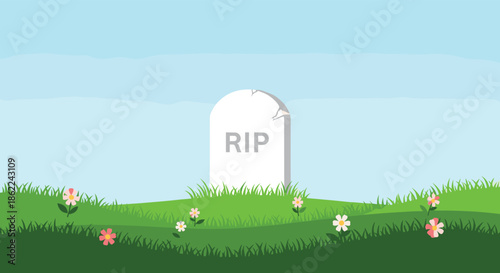 Gray gravestone marked with RIP letters stands in a peaceful green grassy field with colorful flowers under a clear sky.