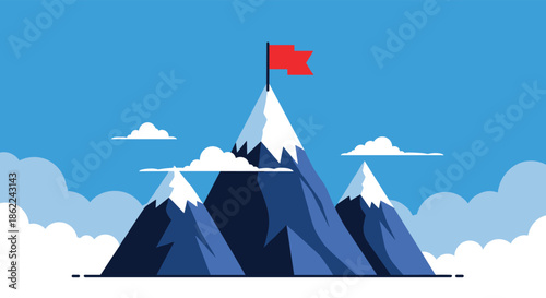 Red flag planted on the highest snowy peak of blue mountains representing goal achievement and successful reach of the business summit.