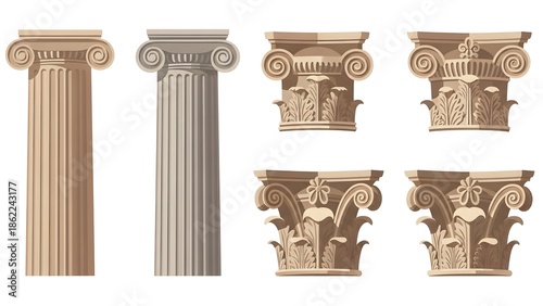 Two Full Architectural Columns and Four Decorative Column Capitals in Warm Tones