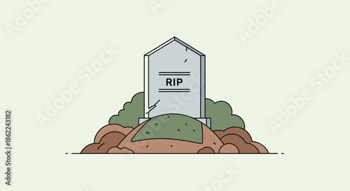 Simple gray gravestone with RIP text stands on a small mound of dirt with green bushes behind it in a clean minimal artistic style.