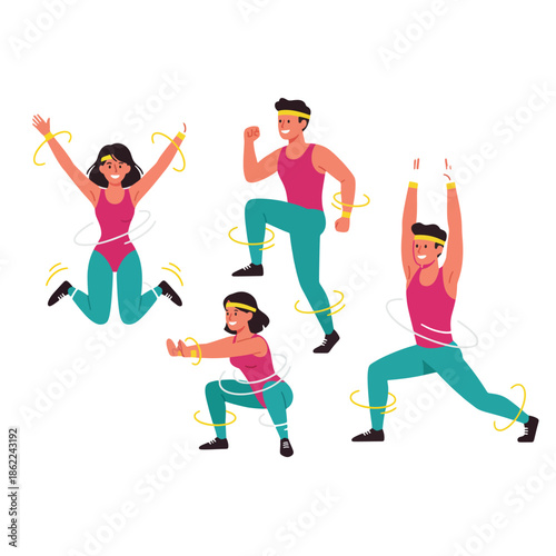 Retro 80s Aerobic Instructors Exercise Poses Vector Set