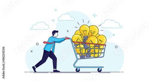 Professional businessman in a blue jacket pushes a shopping cart overflowing with bright yellow lightbulbs representing many creative ideas.