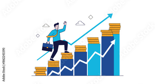 Happy businessman with a briefcase climbs up stairs made of blue blocks and gold coin stacks following a rising white arrow to success.