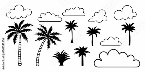 Tropical scene with palm trees and fluffy clouds in a simple black and white style