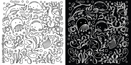 Whimsical doodle art of marine life featuring stylized fish and sea creatures