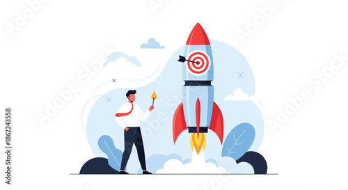 Motivated businessman holding a lit match about to launch a rocket ship with a target symbol to start a new business venture.