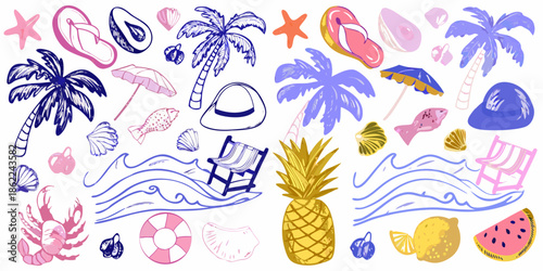 Colorful summer illustrations featuring beach elements tropical fruits and playful doodles