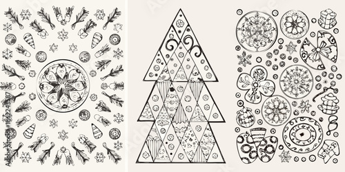 Intricate black and white designs featuring christmas trees and floral patterns